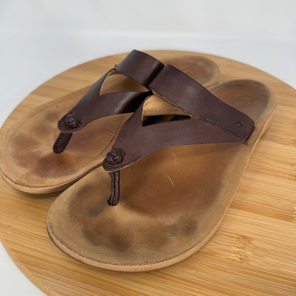 Olukai Kaekae Ko'o Brown Leather Flip Flop Sandals Womens 8 20409-SAGS - Picture 3 of 10